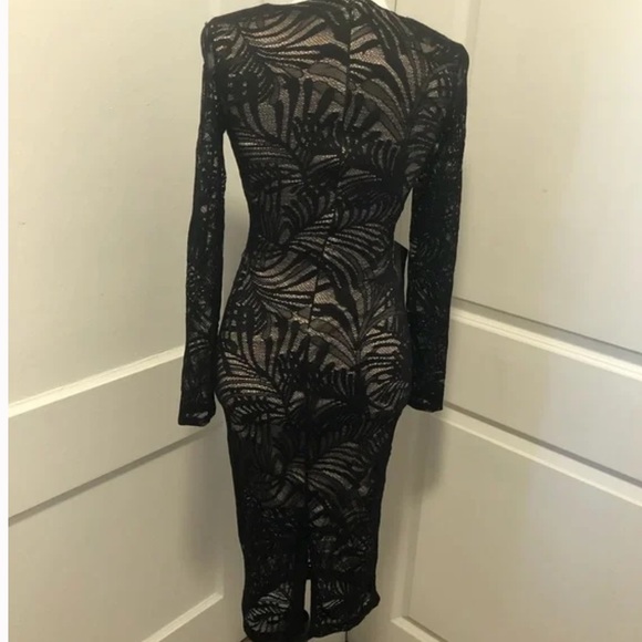 Bebe Black Lace Dress Tan Underlining Low Cut V-Neck Longsleeve lace sleeves XXS - Picture 2 of 14